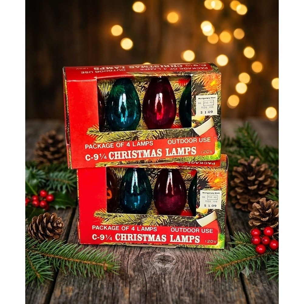 Vintage Montgomery Ward NEW 8pk Christmas Lamps Multi C-9¼ Outdoor Bulbs